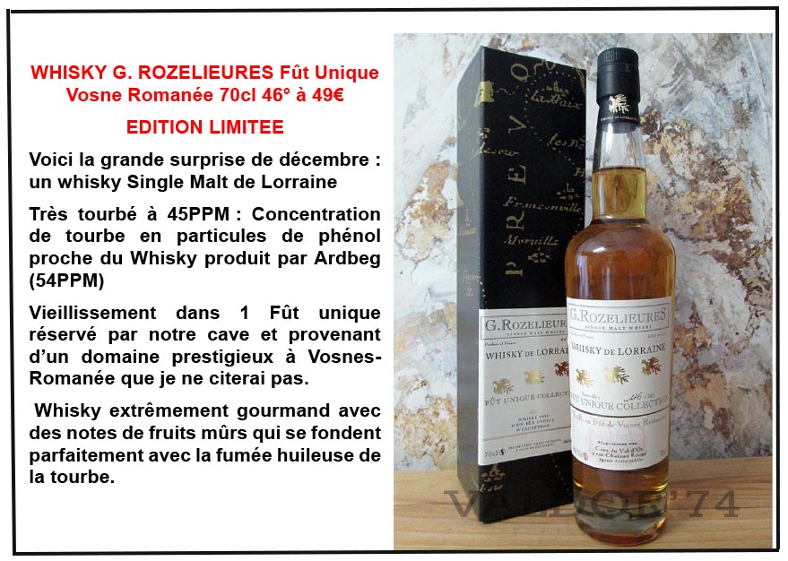 WHISKY G. ROZELIEURES FUT UNIQUE VOSNES ROMANEE 70CL 45° TRES TOURBE ...