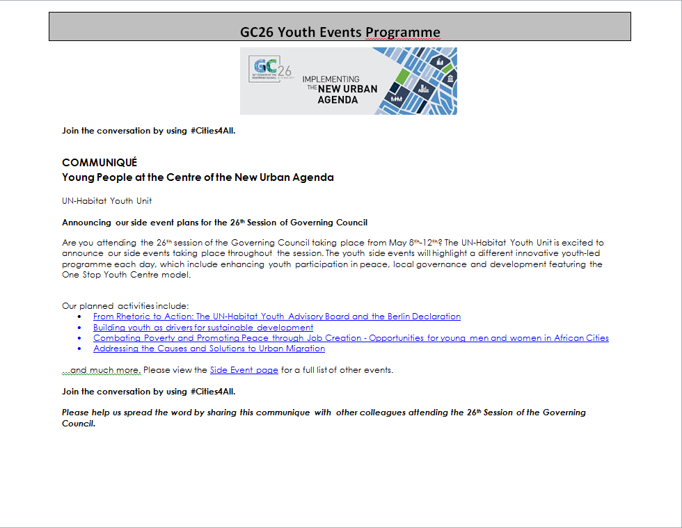Communique: GC26 Youth Events Programme