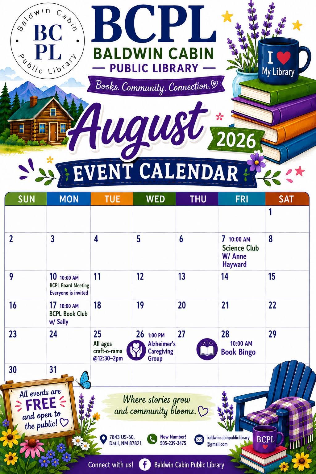 Baldwin Cabin Public Library August events flyer