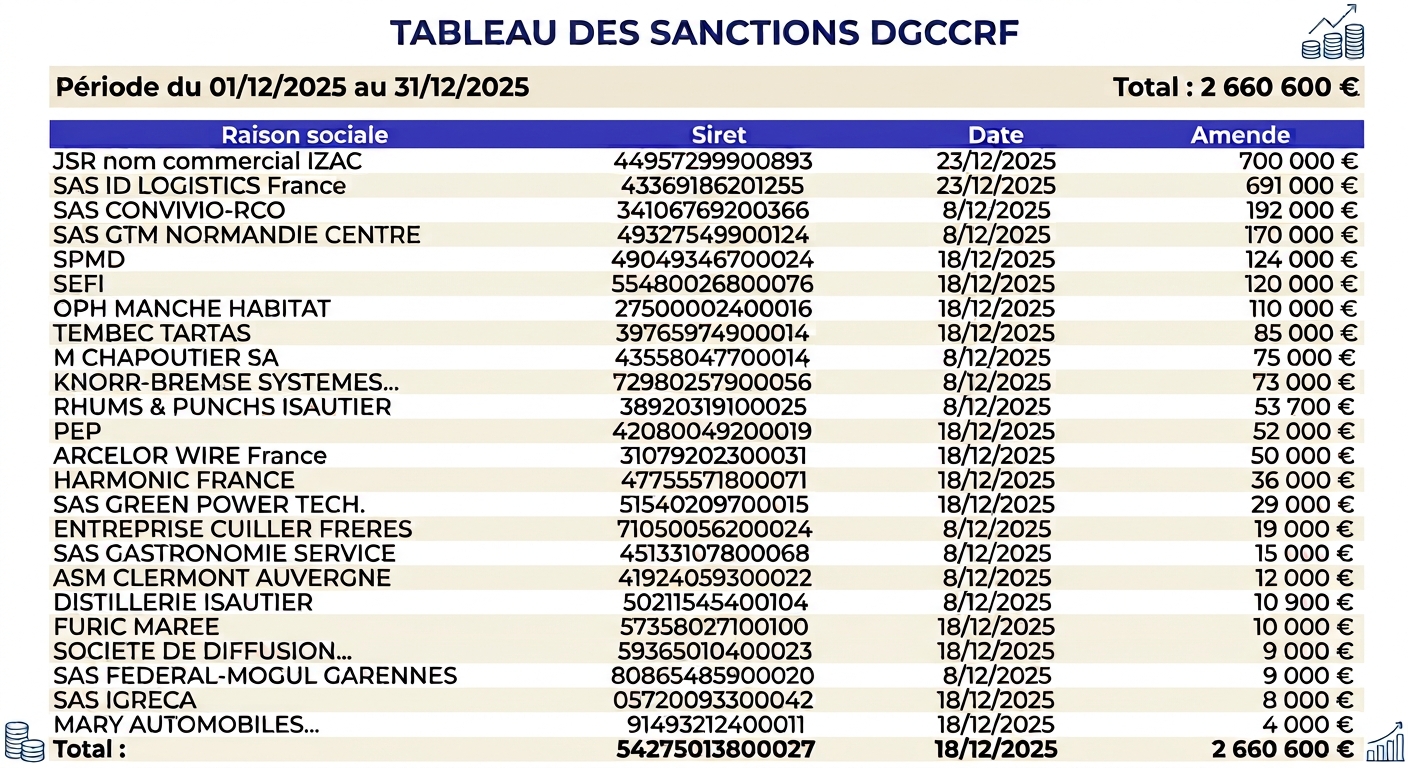 Tableau des sanctions DGCCRF sur les délais de paiement, Décembre 2025