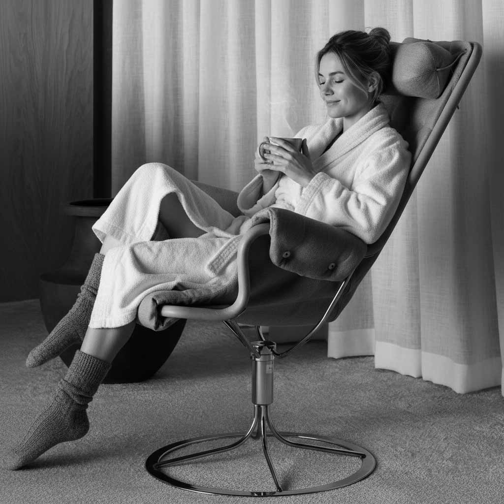 Kvinna med te i Jetson-fåtölj