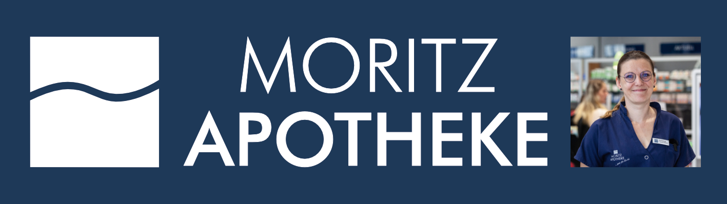 Logo der Moritz Apotheke Limbach-Oberfrohna und Bild der Inhaberin Franziska Bake-Kellner