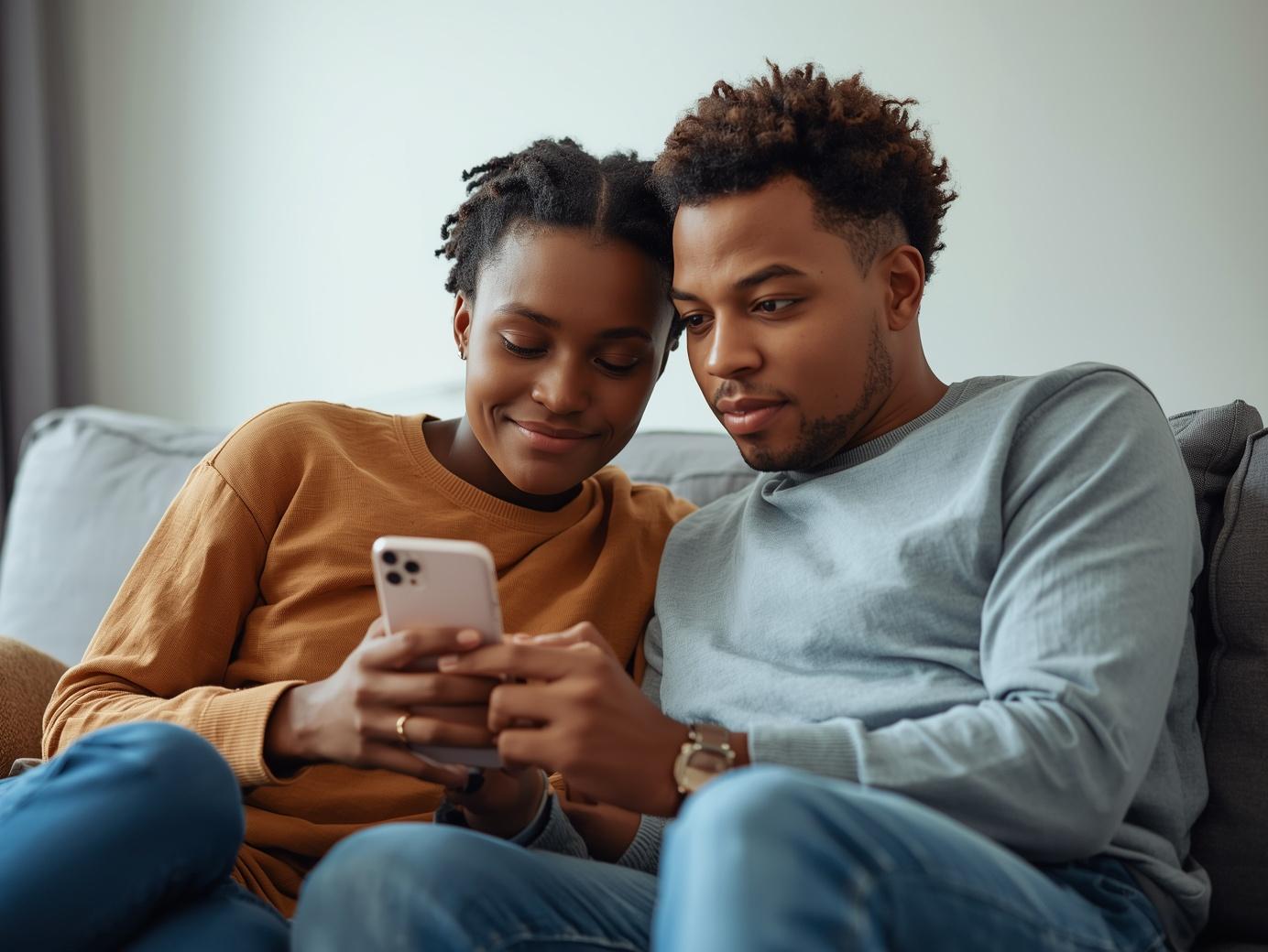 Couple reviewing STD test results on phone — VitaLink confidential STD testing online, HIV, chlamydia, gonorrhea, syphilis