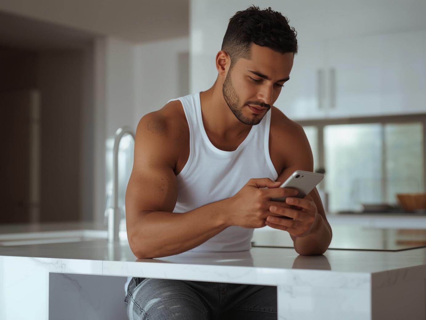 Man at home using his phone for a VitaLink men's health telehealth visit — ED treatment, testosterone, hair loss online