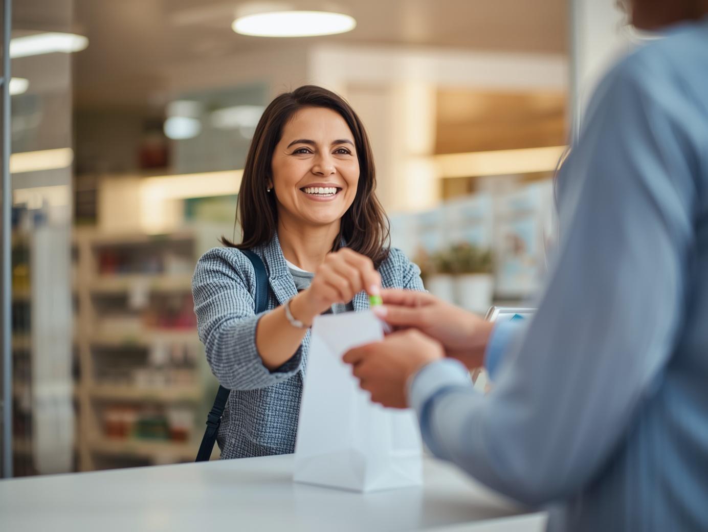 Woman picking up prescription at pharmacy — VitaLink online prescription refills, medications sent to any pharmacy same visit