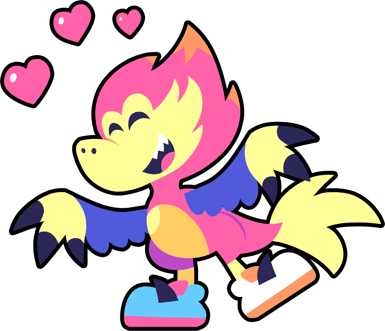 Velocity smiling with their arms spread and three hearts over their head