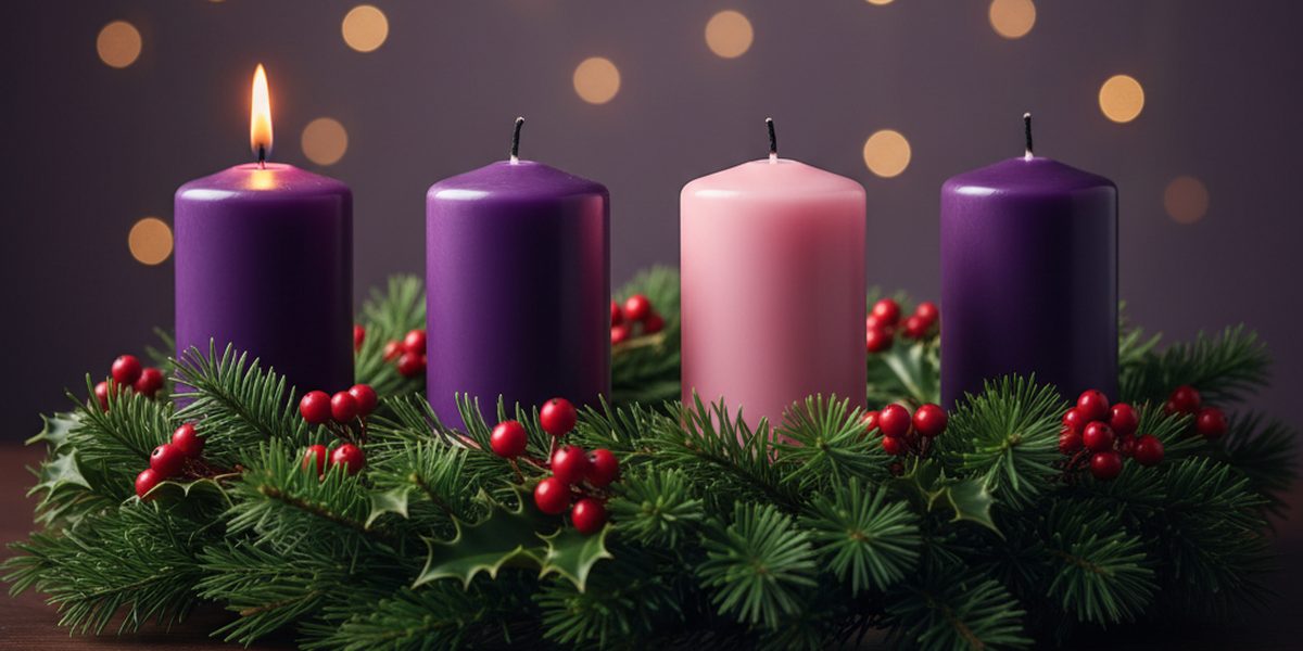 Advent wreath with the first candle lit