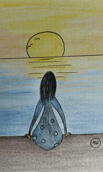 Eine Frau sitzt mit dem Rücken zum Betrachter und beobachtet den Sonnenaufgang