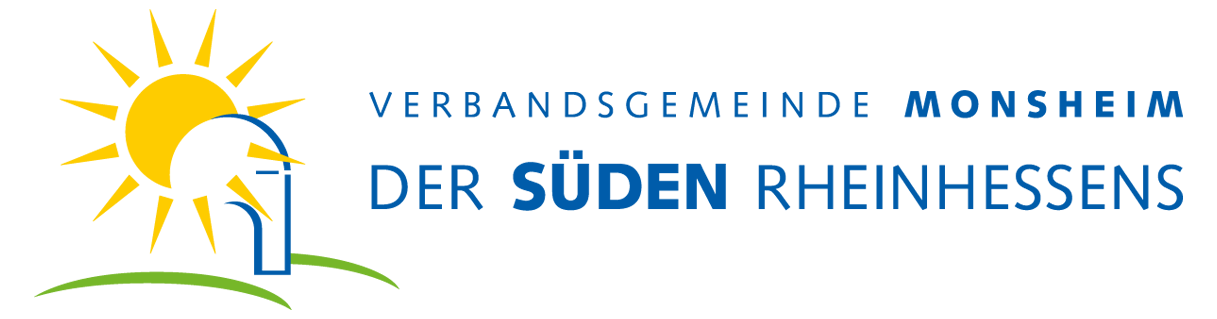 Logo der Verbandsgemeinde Monsheim zu sehen ist eine Sonne in gelb, ein Weinbergshäuschen in blau und grüne angedeutete Hügel 