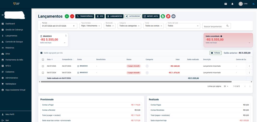 Tela do Sistema de Gestão Financeira Mendes & Lima