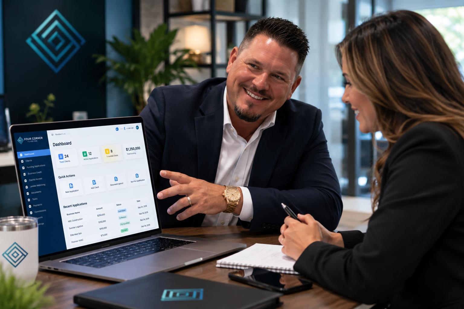 Business funding advisor meeting with a client using the Four Corner Funding platform