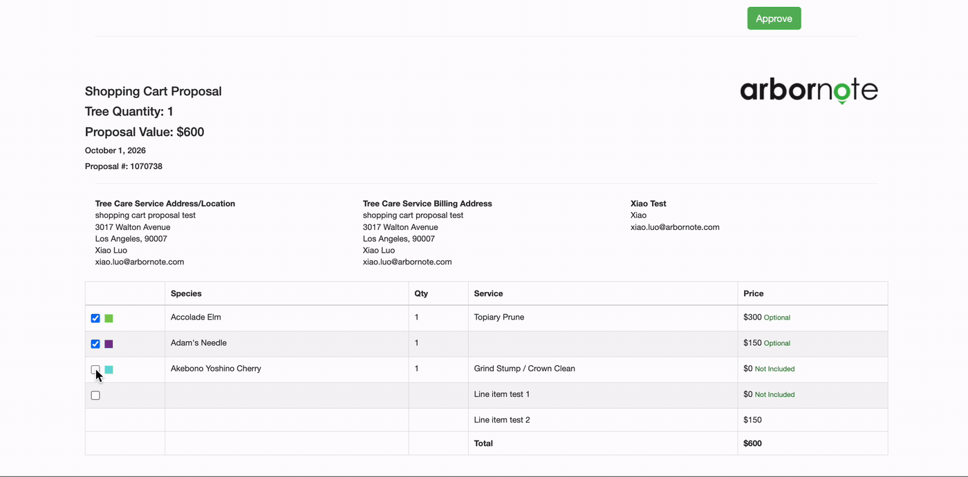 Optional items in an ArborNote proposal