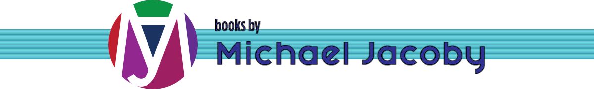 The MAJ monogram for Michael Jacoby against a blue/green page-like pattern.