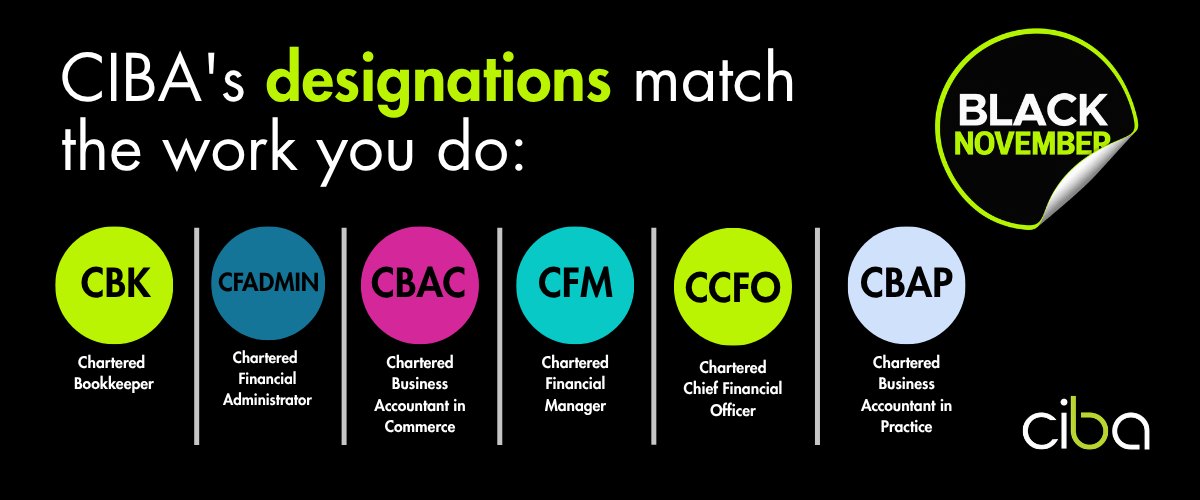CIBA's designations match the work you do: Chartered Bookkeeper (CBK), Chartered Financial Administrator (CFAdmin), Chartered Business Accountant in Commerce (CBAC), Chartered Financial Manager (CFM), Chartered Chief Financial Officer (CCFO) and Chartered Business Accountant in Practice (CBAP).