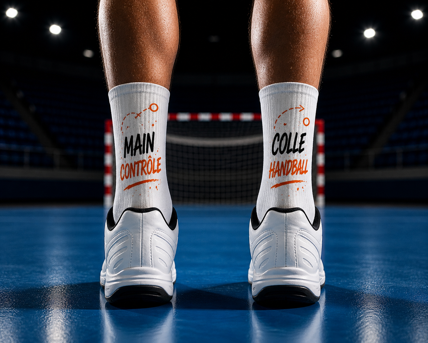 Chaussettes Main de Colle portées sur terrain de handball