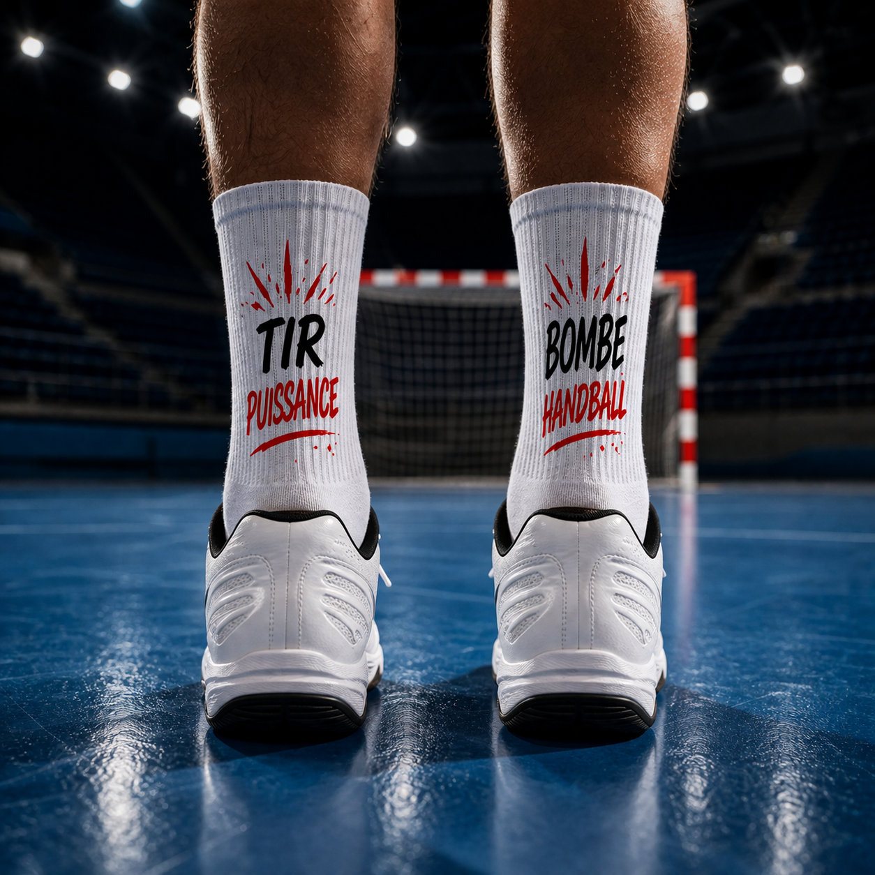 Chaussettes Bombardier Puissance portées sur terrain de handball