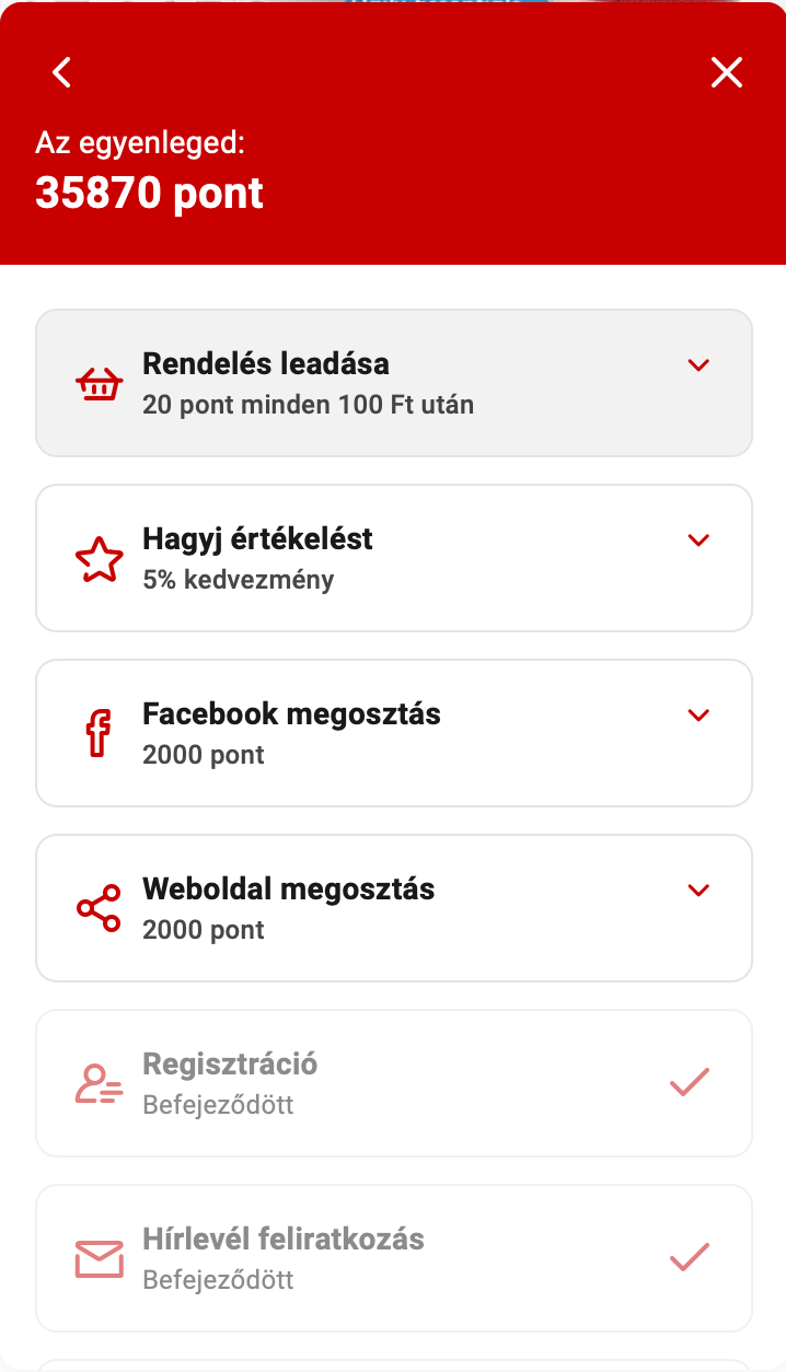 Jutalmak felület, pontszerzési lehetőségek