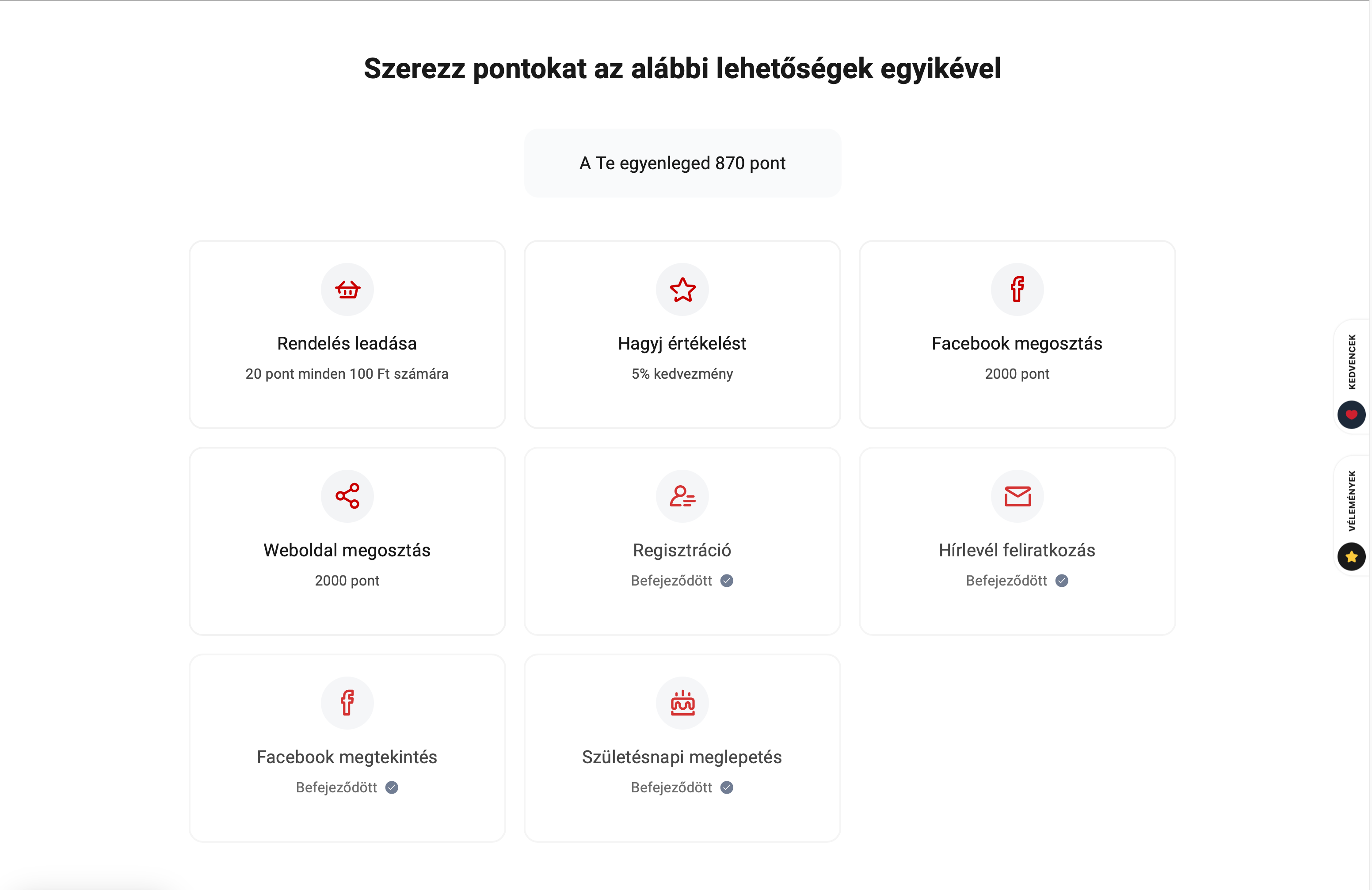 Jutalmak menü: pontszerzési csempék