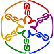 Versatackle logo: six speech bubbles in rainbow colors attached to each other with knots in a circle.