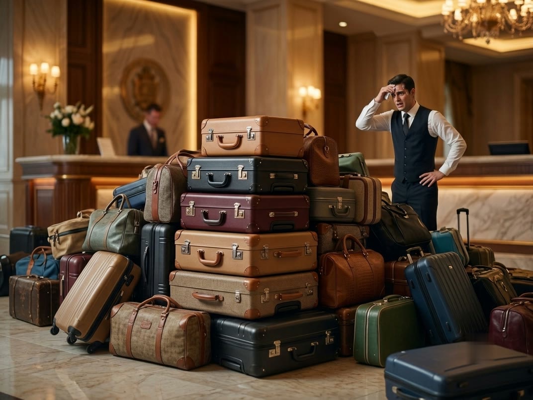 Check-in de grupo, maletas apiladas en el lobby