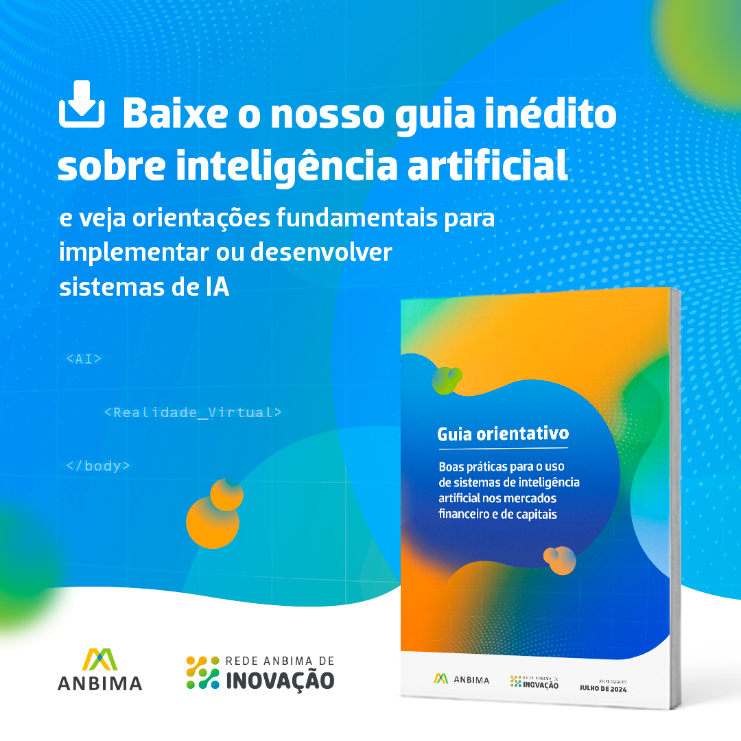 Banner de divulgação com fundo azul claro e texto na cor branca. Lê-se o seguinte: Baixe nosso guia inédito sobre inteligência artificial e veja orientações fundamentais para implementar ou desenvolver sistemas de IA.