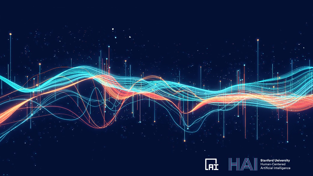 Imagem ilustrativa com fundo azul mostra linhas multicoloridas ondulantes atravessando a tela na horizontal e exibe o logotipo do HAI, o centro de inteligência artificial de Stanford
