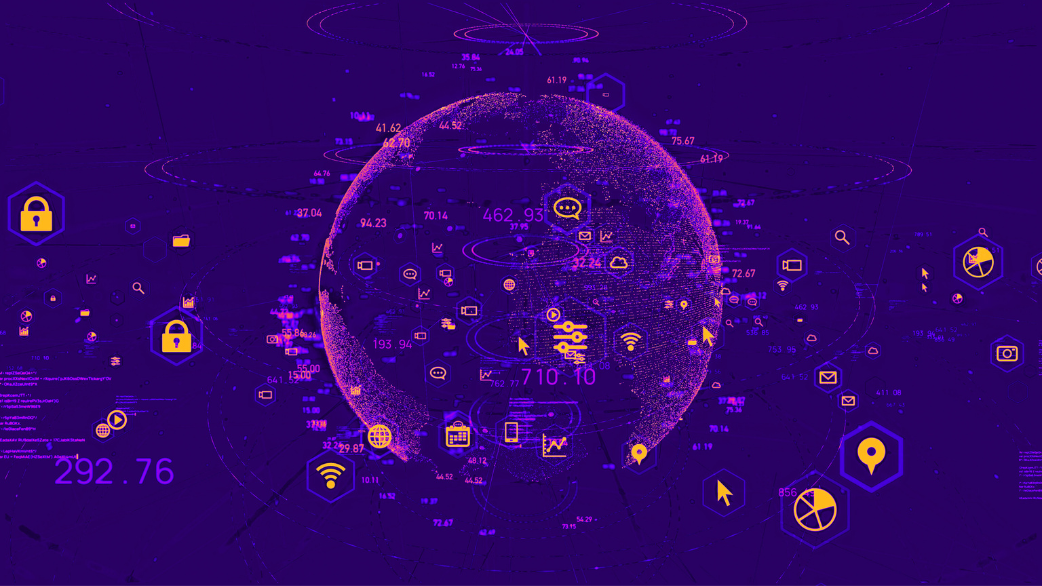Imagem ilustrativa mostra um homem jovem, de costas, observando uma sequência de telas com imagens futurísticas de tecnologia