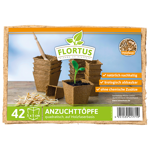 FLORTUS 5 x 5 cm Anzuchttopf quadratisch auf Holzfaser Basis