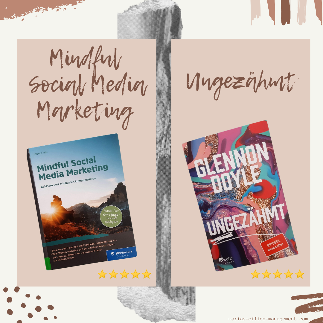 Frontcover der Bücher "Mindful Social Media Marketing" und "Ungezähmt" / Bilder in einem farbigen Hintergrund platziert / in den Ecken diverse Muster - Punkte, Striche