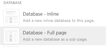 Screenshot: Auswahl Datenbank-Blöcke in Notion: "Database - Inline" "Database - Full page"