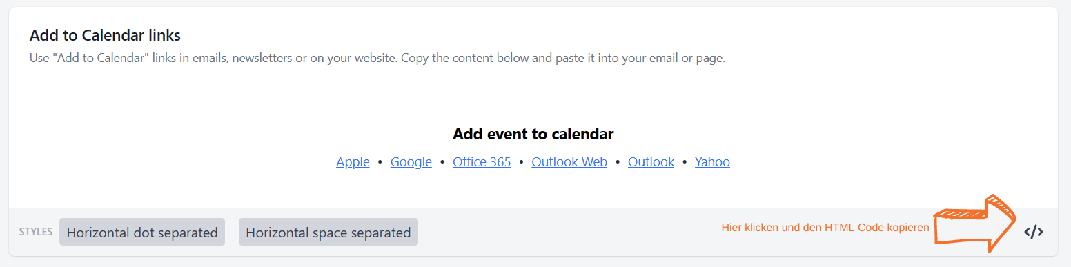 Screenshot von Calndr.link - HTML Code, um Event zu Kalender hinzufügen zu können