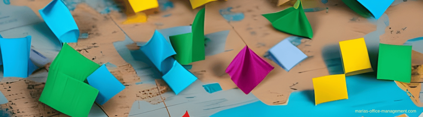 im Hintergrund: Weltkarte / im Vordergrund: bunte Origami-Haftnotizen als Markierungen