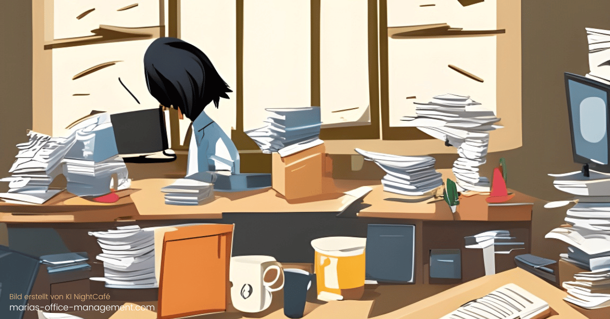Cartoon-Szene eines mit Papieren, Ordnern, Stiften und Kaffeebechern vollgestopften Büroschreibtisches - eine Frau mit dunklem Haar sitzt am Schreibtisch - Sonnenlicht strömt durch ein offenes Fenster hinter dem Schreibtisch 