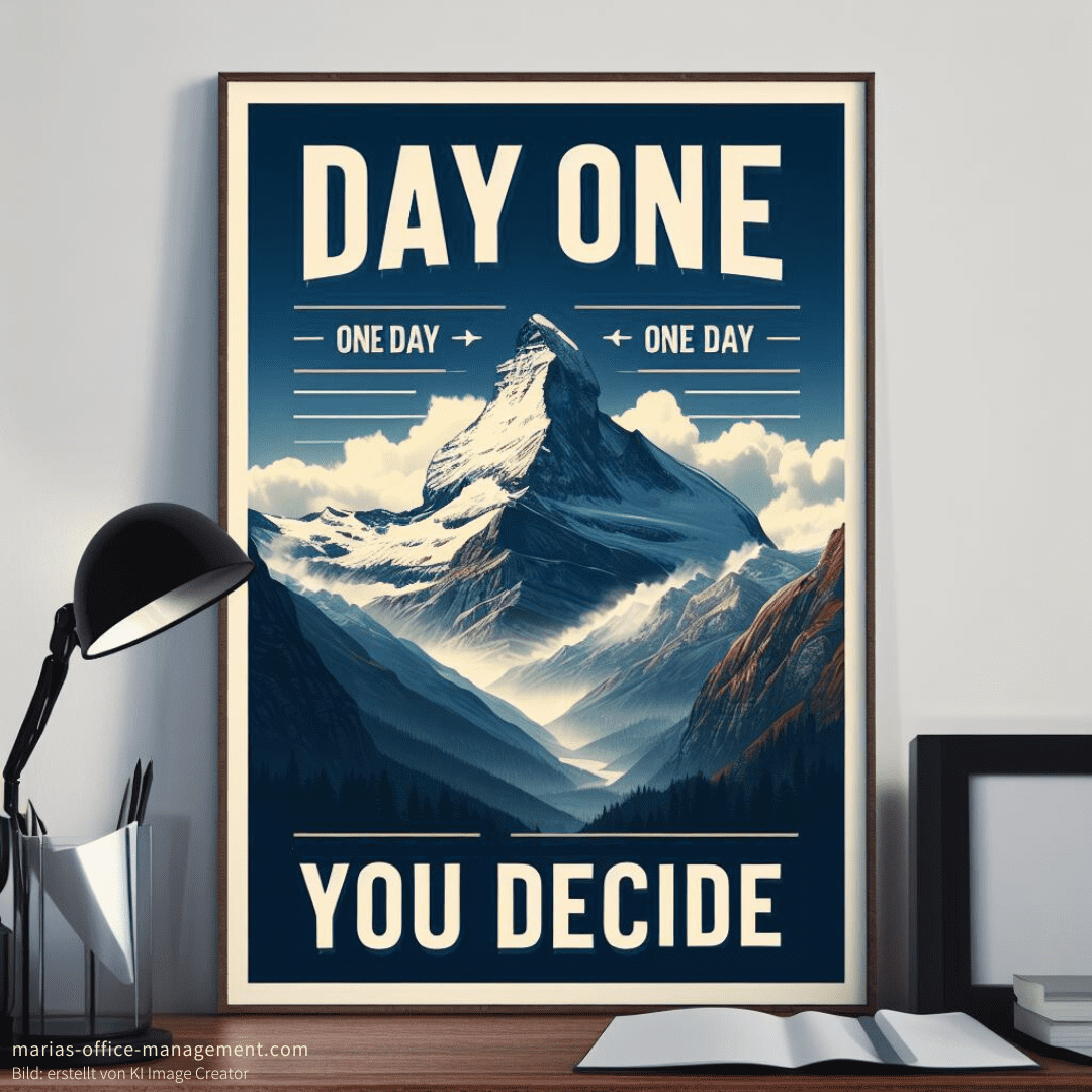 Motivierendes Poster, das an einer Wand hängt. Das Poster hat eine Zeichnung eines eindrucksvollen Bergs mit schneebedeckten Spitzen und umliegenden Wolken. Unterhalb des Bergs sind die Worte "DAY ONE" in großen, fetten Buchstaben zu sehen, darunter zweimal "ONE DAY" mit Pfeilen, die zum Berggipfel zeigen. Am unteren Rand steht "YOU DECIDE" in ebenso großen Buchstaben. Die Farbpalette ist in kühlen Blautönen gehalten, was den Eindruck von Frische und Klarheit vermittelt. Links vom Poster steht eine Schreibtischlampe mit einem gebogenen schwarzen Schirm, und auf dem Tisch liegen ein paar Bücher neben einem offenen, leeren Notizbuch mit einem weißen Umschlag. 