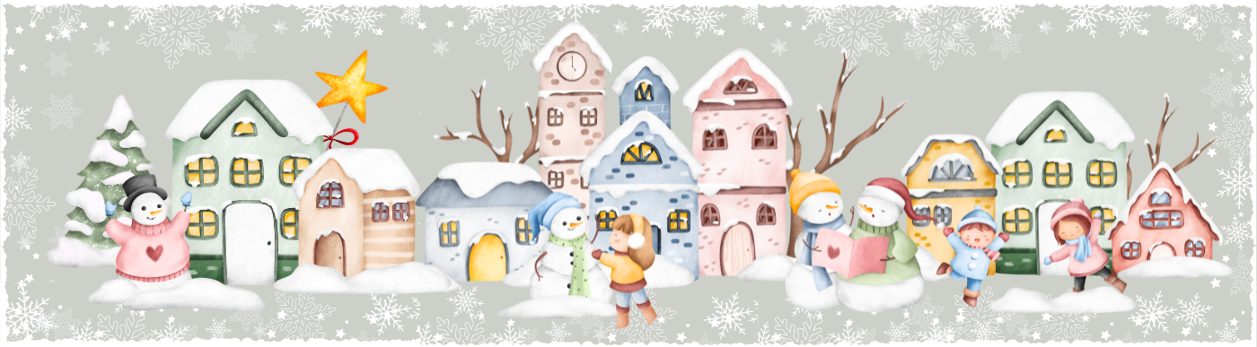 Illustrationen in Wasserfarben: Dorfhäuser in verschiedenen Größen und Farben im Winter / drei Kinder spielen vor den Häusern im Schnee / vier Schneemänner / rund um das Bild ein weihnachtlicher Schneeflockenrahmen