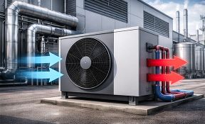 Wärmepumpe im Außenbereich.