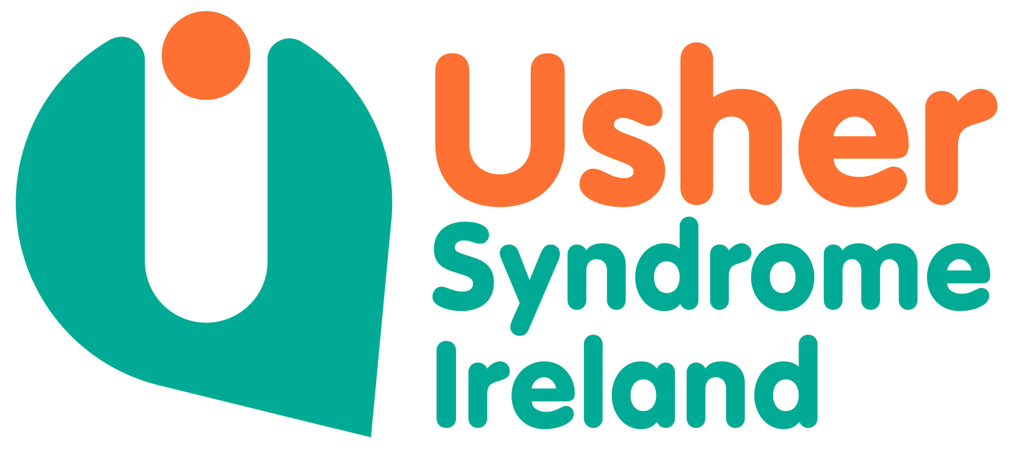 Usher Syndrome Ireland logo shows the name net to a green U holding an orange circle up
