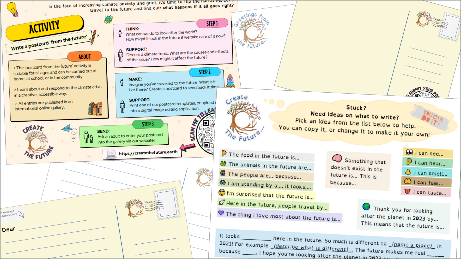 Example pages from Create The Future's postcard resource pack for children and young people. 