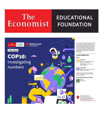 The Economist Educational Foundation Logo above the title slide for the COP28 lesson plan. 
