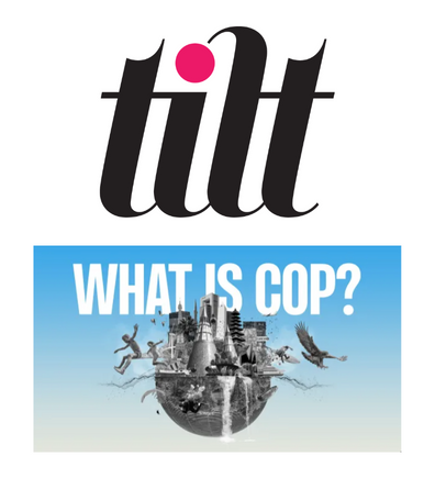 The word 'tilt' is displayed as We are Tilt's logo. Beneath it is a graphic illustration of a planet, with human features, people, and animals emerging from it. 