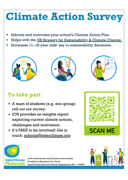 Climate Action Survey poster by the InterClimate Network. It is available via the button below, labelled 'find out more here'.