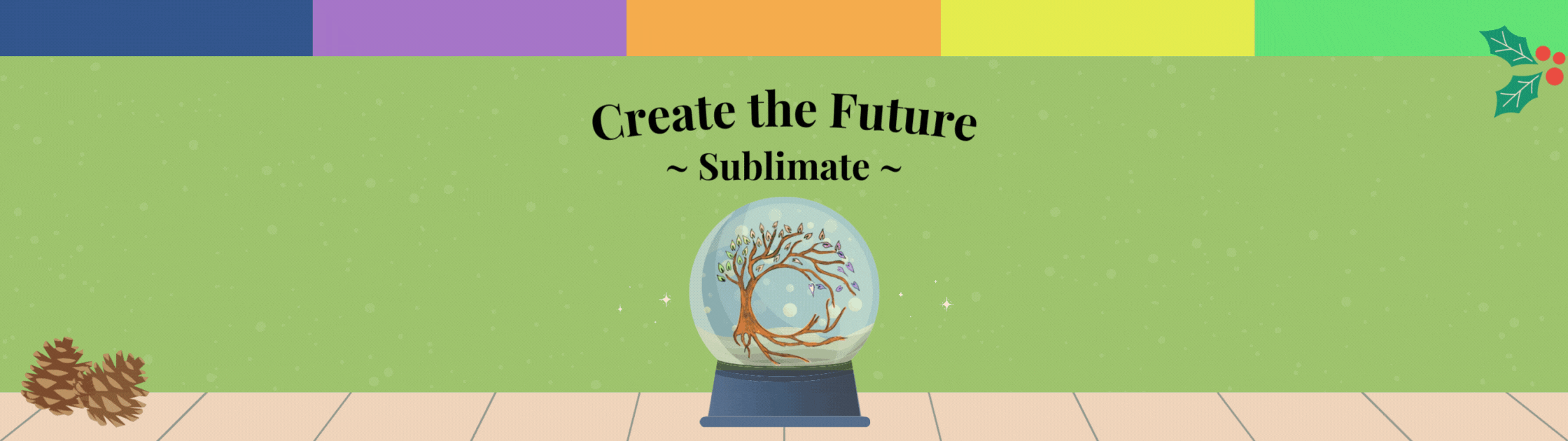 Create the Future logo: a brown illustrated tree. The roots curve from the right, up to the trunk on the left, with the branches bending back to the right to form a 'C' shape. The leaves are calming rainbow pastel colours. 