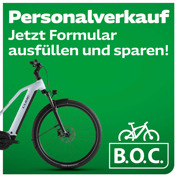 Grüner Personalverkaufs-Banner bei B.O.C. und der Abbildung eines Cube E-Bikes