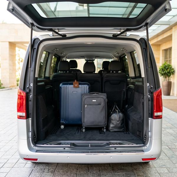Square, realistic photo, spacious luggage area in a 9-seat shuttle van prepared for hospitality guests, clean corporate style