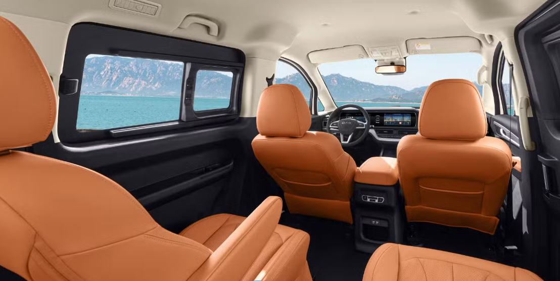 Landscape, realistic photo, interior of a modern 9-seat passenger van with comfortable seats and luggage space, clean premium business transfer look