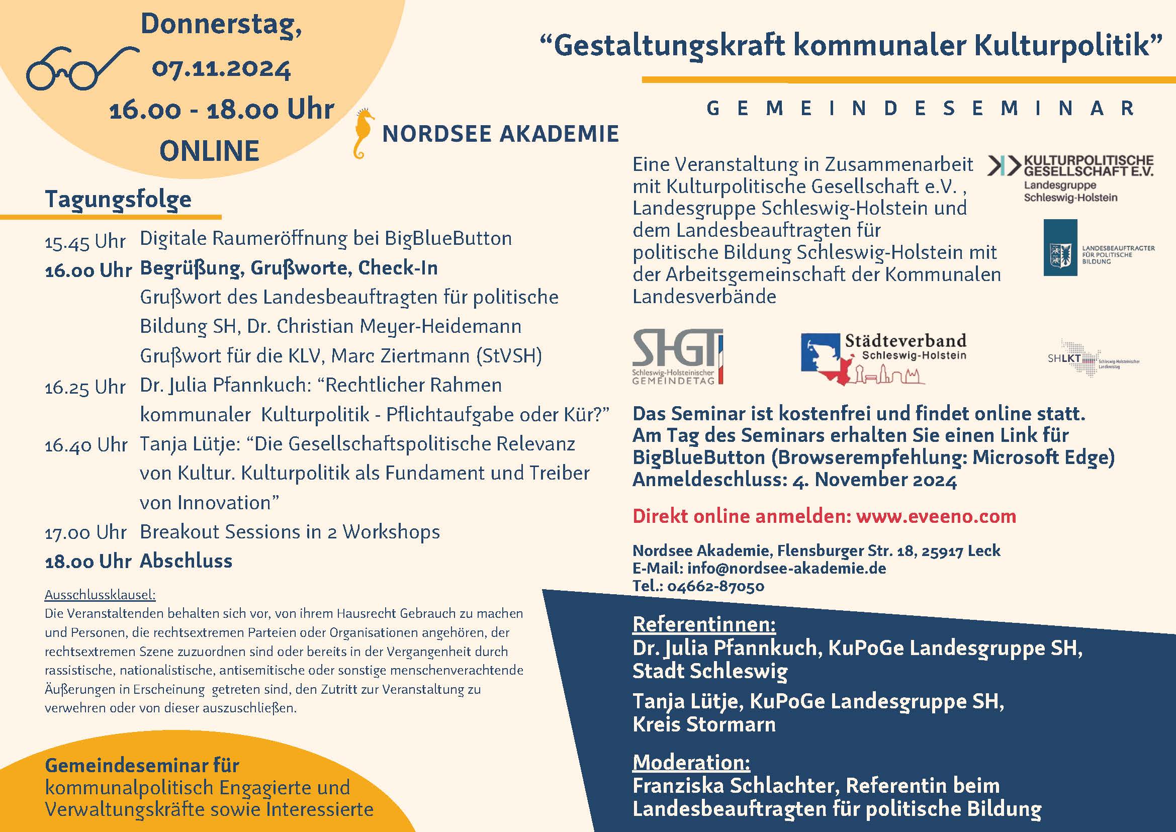 Abbildung der Programmübersicht der Tagung "Gestaltungskraft kommunaler Kulturpolitik" am 7.11.2024 