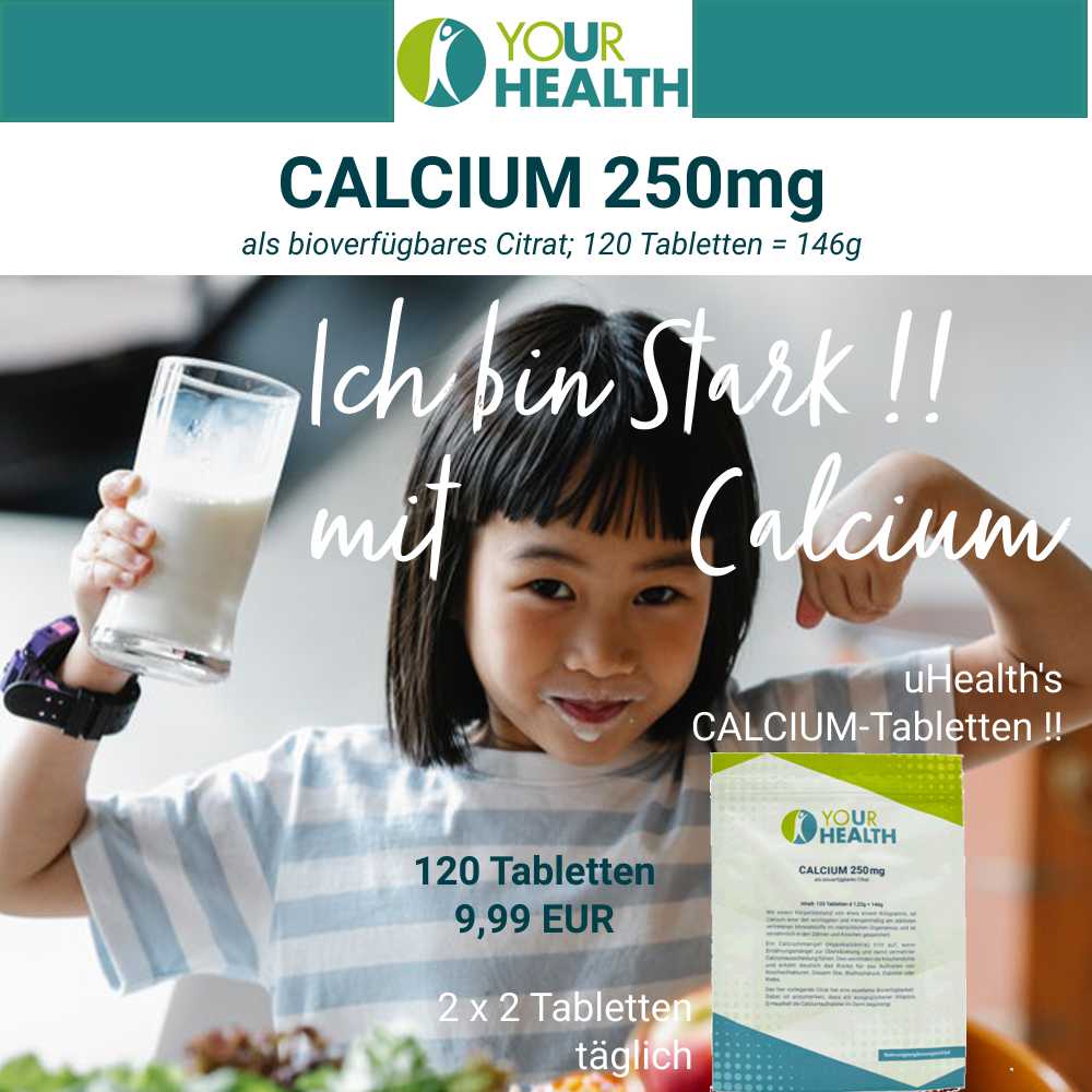 uHealth CALCIUM 250 mg Tabletten. Ich bin stark mit Calcium! 120 Tabletten für nur 9,99 €