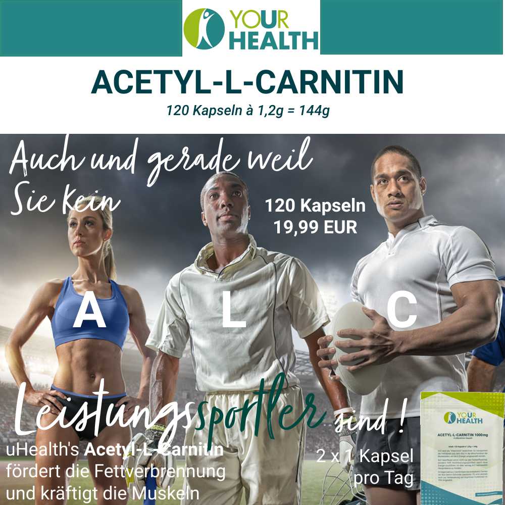 uHealth Acetyl-L-Carnitin fördert die Fettverbrennung und kräftigt die Muskeln. 120 Kapseln für nur 19,99 €