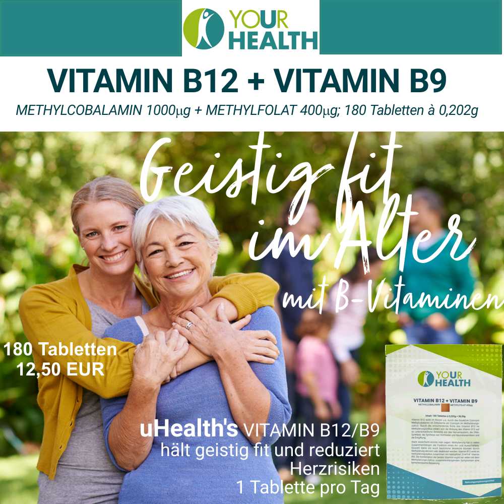 uHealth VITAMIN B12/B9. geistig fit und Herzrisiken reduzieren. 180 Tabletten für nur 12,50 €
