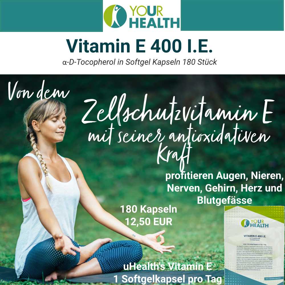 uHealth VITAMIN E 400 I.E. VITAMIN E: Das Zellschutzvitamin. Antioxidans. 180 Kapseln für nur 12,50 €